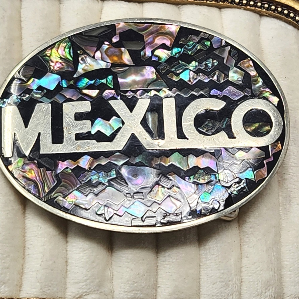 Vintage Abalone Mosaic Belt Buckle Oval Iridescent Inlay 1970s Hecho en Mexico